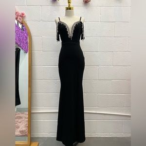 Rhinestone fringe black maxi dress. Sexy side, adjustable spaghetti strips.